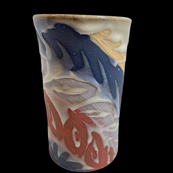 Handcrafted Ceramic Tumbler With Abstract Multicolor Design 6" Tall By Local Pot - Picture 2 of 9